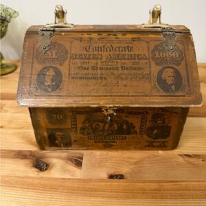 Vintage Wooden Box Purse with Confederate Currency Design - 1950s-70s